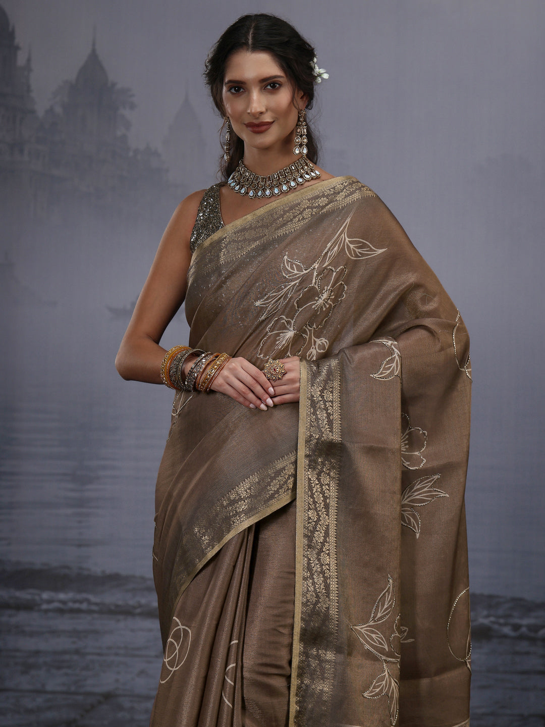  Libas Brown Woven Design Silk Blend Saree with Bead Work 