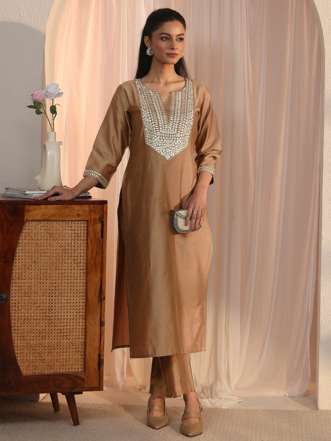  Libas Brown Yoke Design Embroidered Straight Kurta Set 