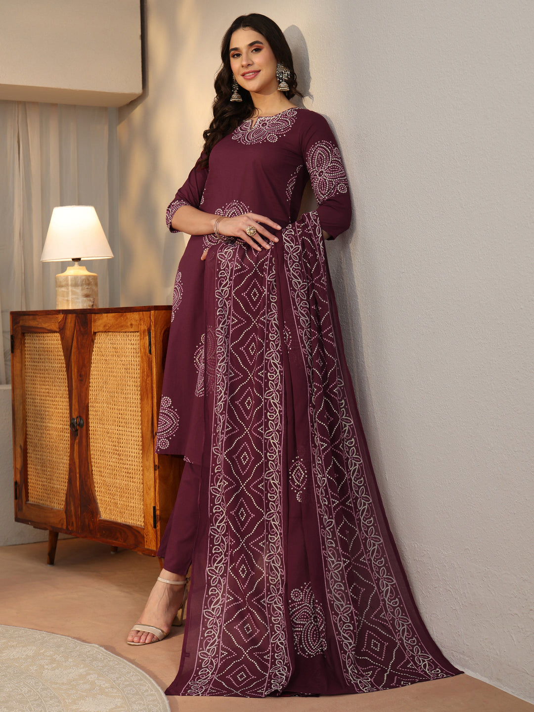  Libas Burgundy Bandhani Printed Cotton Straight Suit Set 