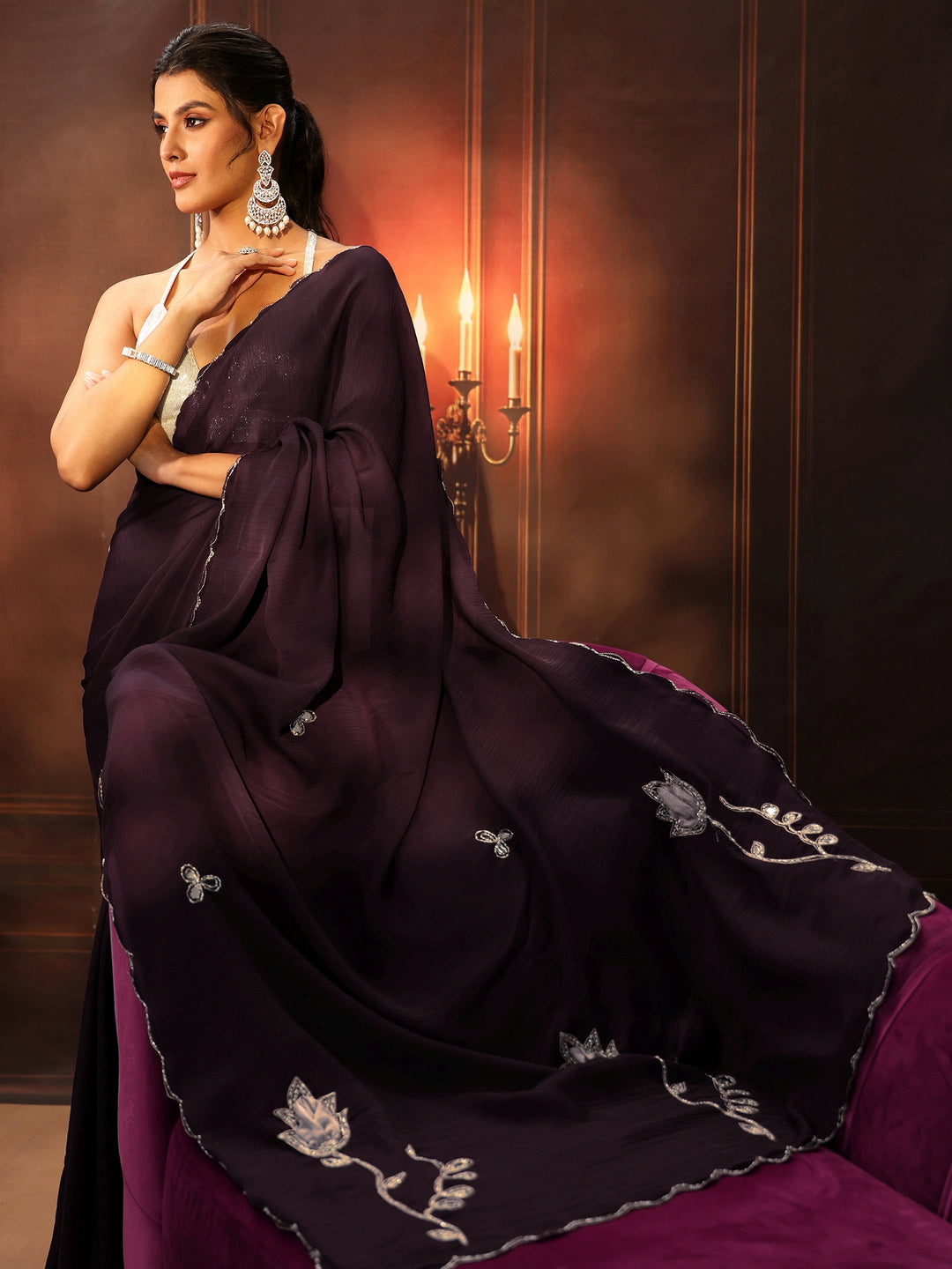  Libas Burgundy Chiffon Saree with Floral Applique Design Pallu 