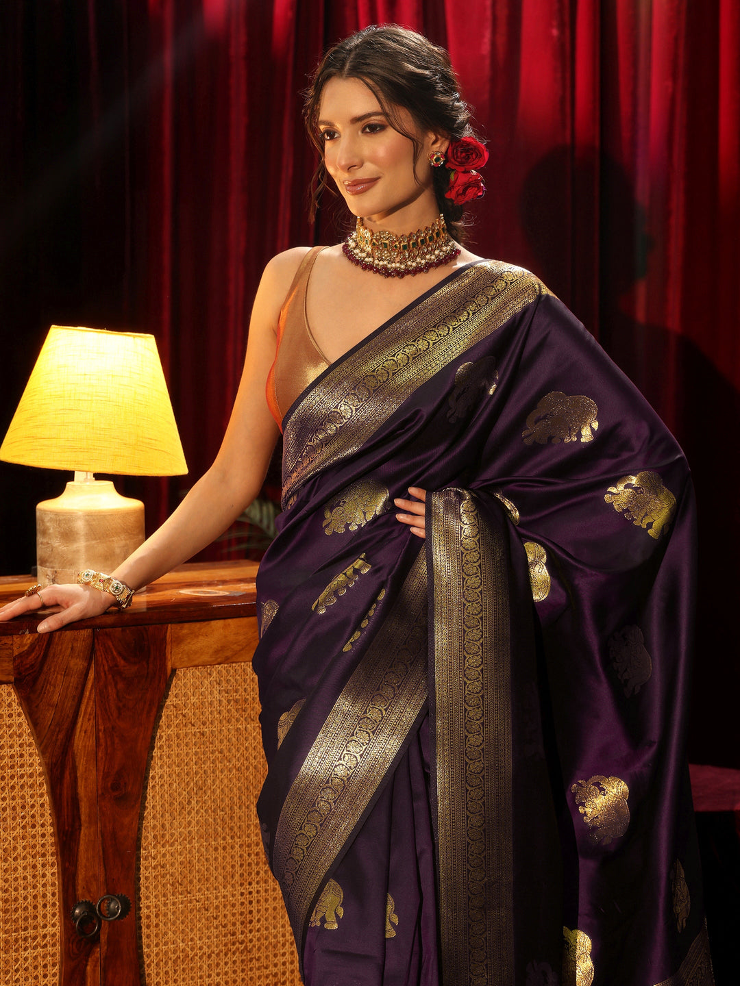 Libas Burgundy Elephant Motif Woven Design Silk Blend Saree