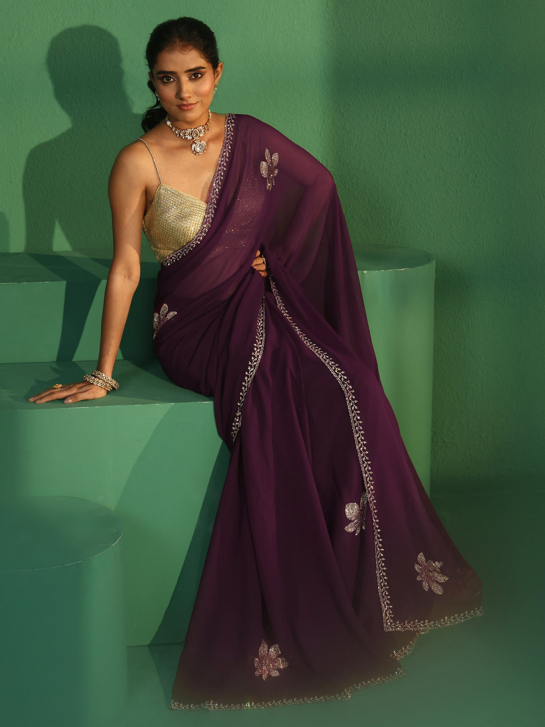  Libas Burgundy Embellished Georgette Saree 