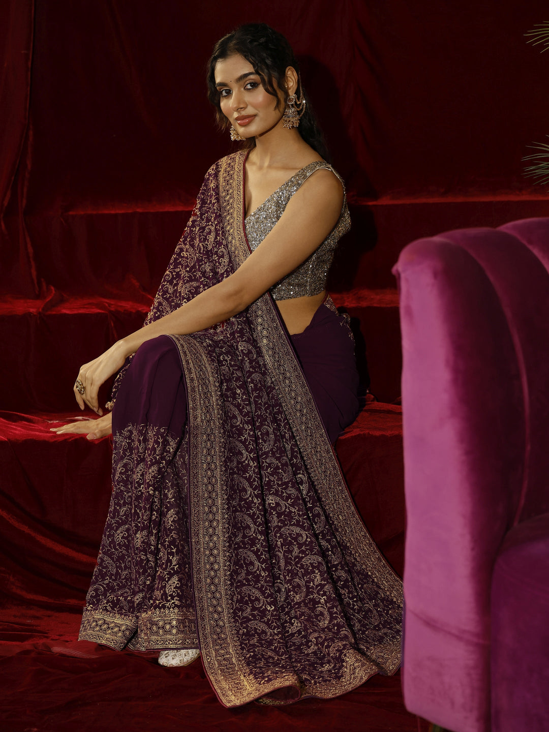  Libas Burgundy Embroidered Georgette Saree 