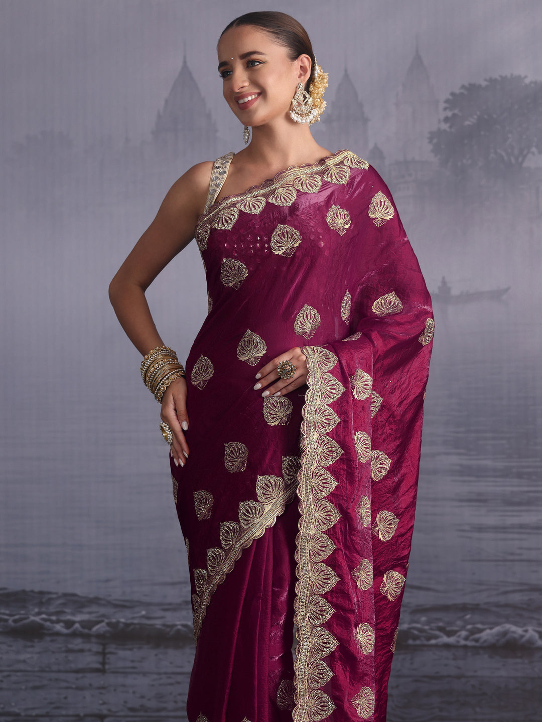 Libas Burgundy Ethnic Embroidered Stone Work Tissue Saree