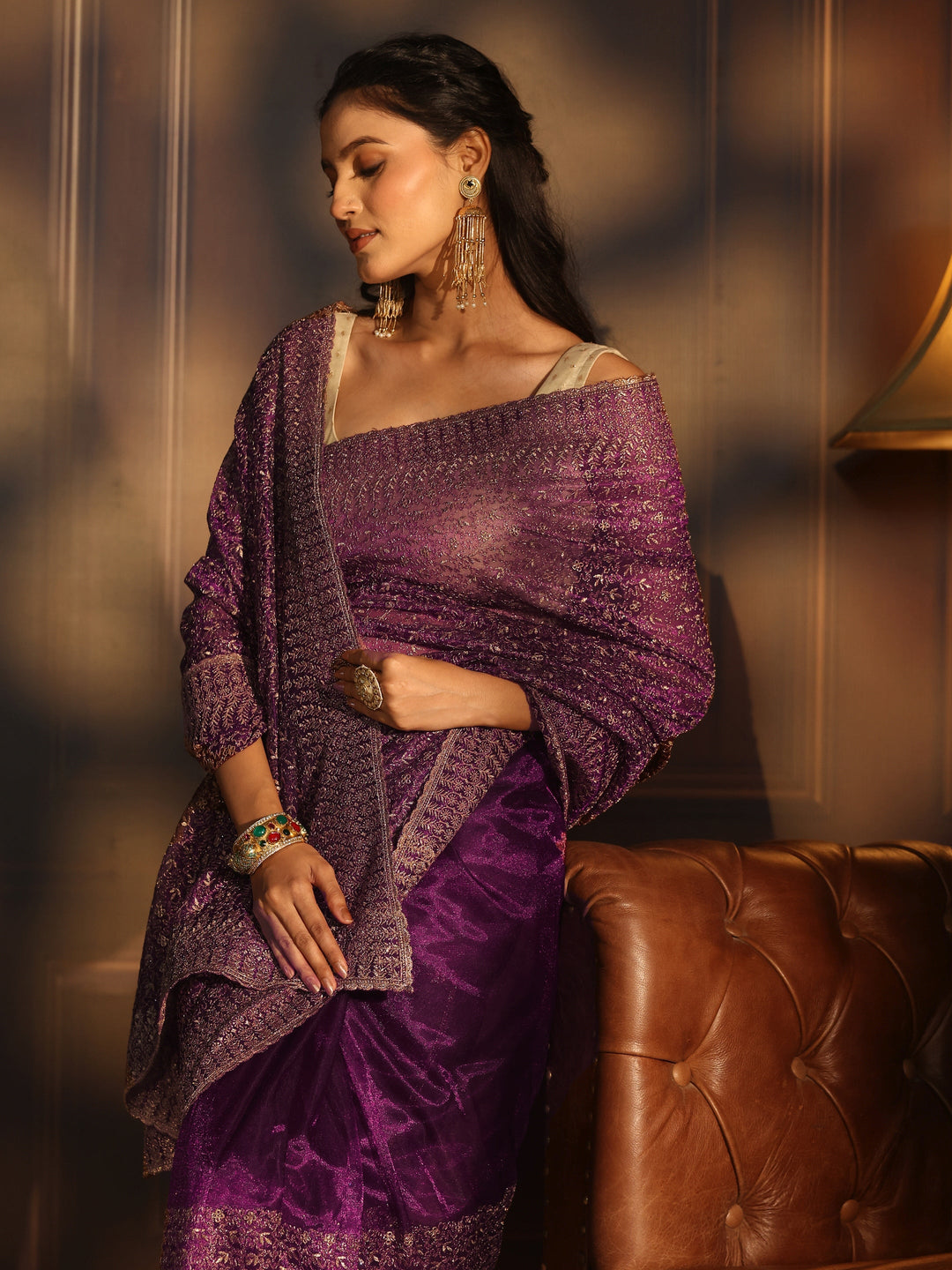  Libas Burgundy Floral Embroidered Net Saree 