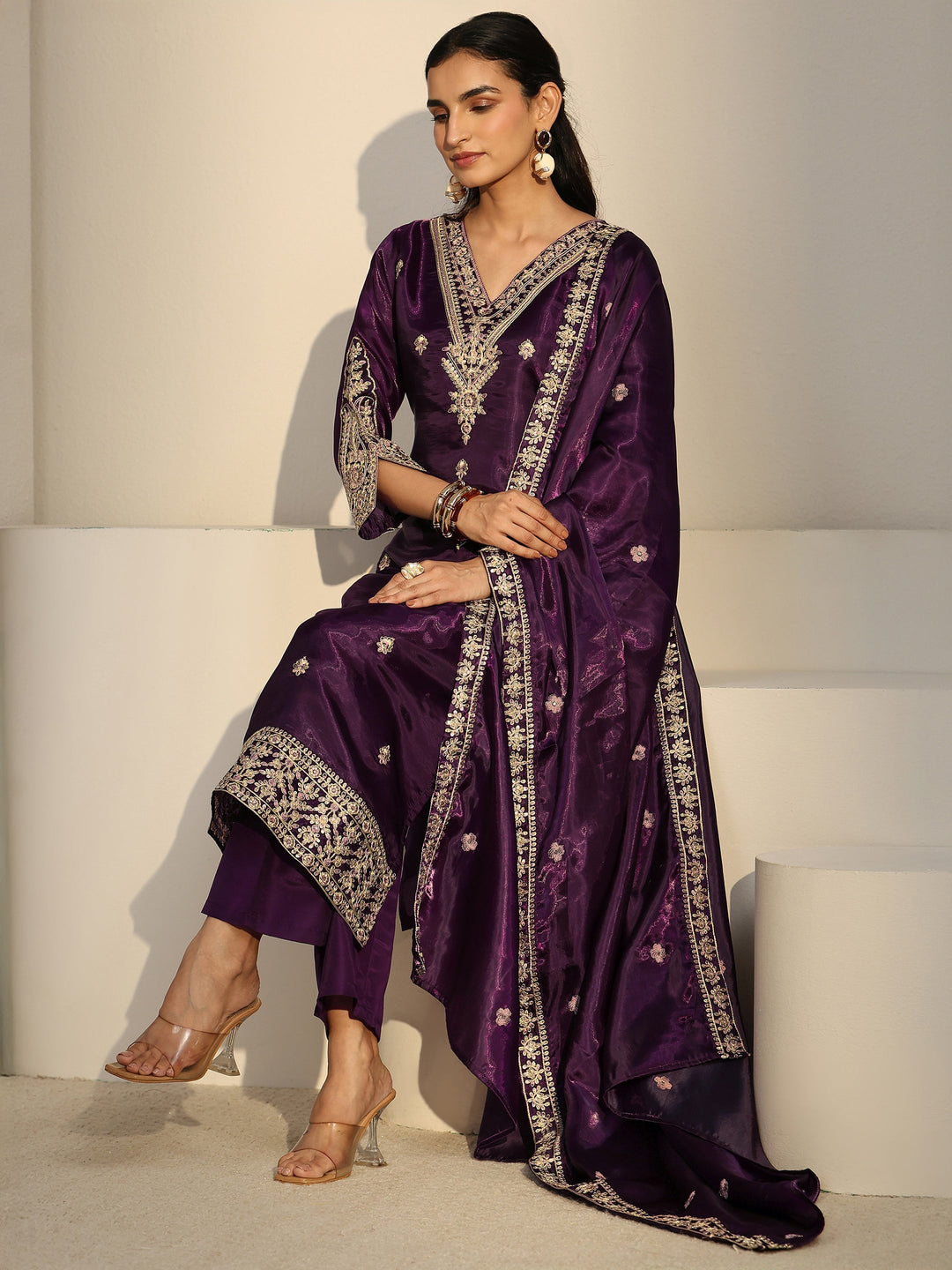 Libas Burgundy Floral Embroidered Tissue Straight Suit Set