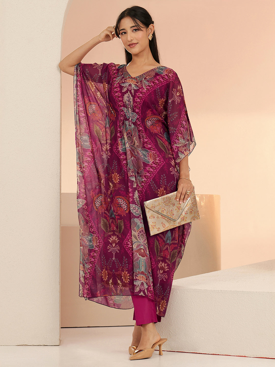 Libas Burgundy Floral Printed 3 Piece Chiffon Kaftan Kurta Set-picture-13