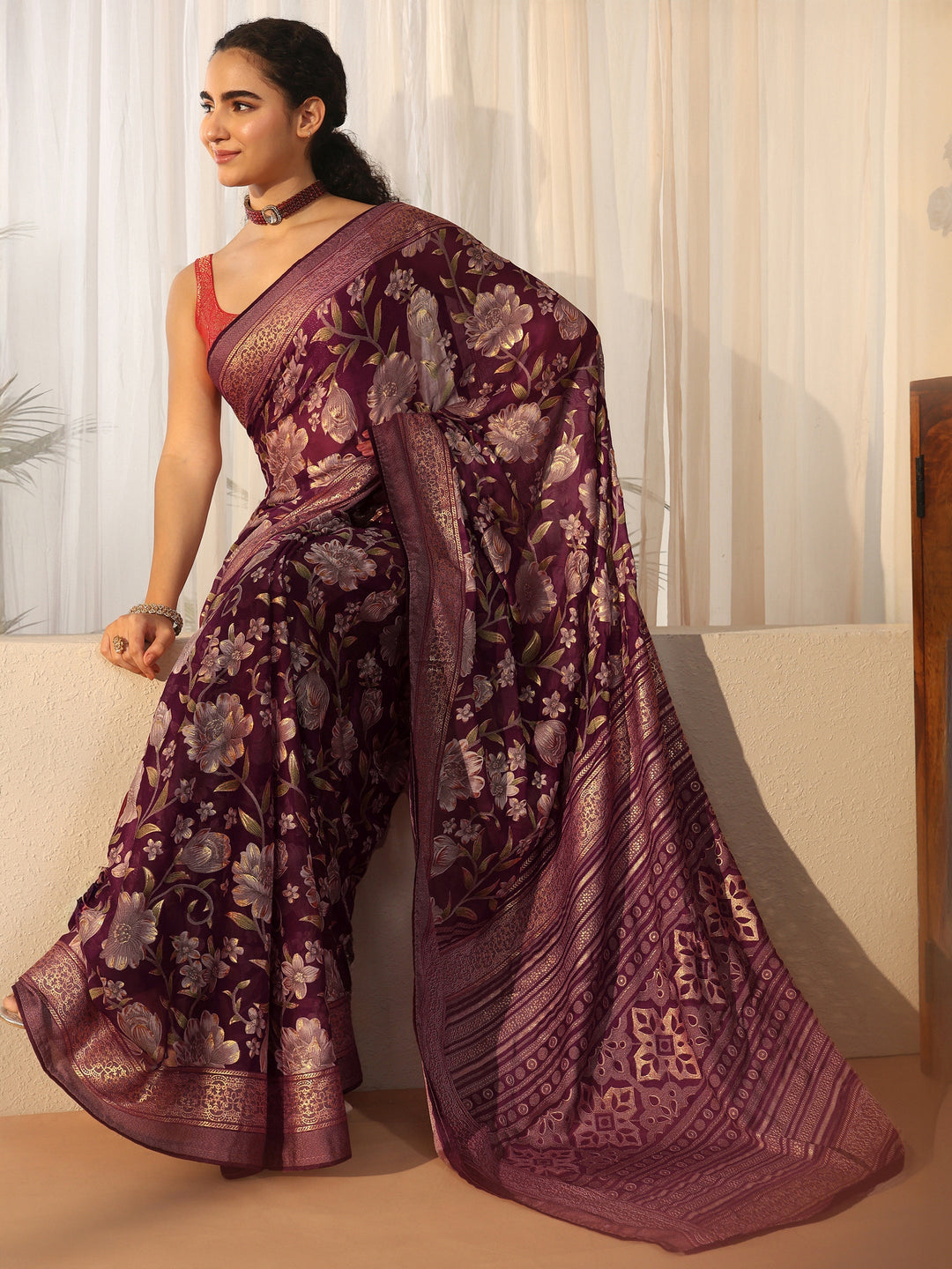  Libas Burgundy Floral Printed Silk Blend Saree with Woven Border 