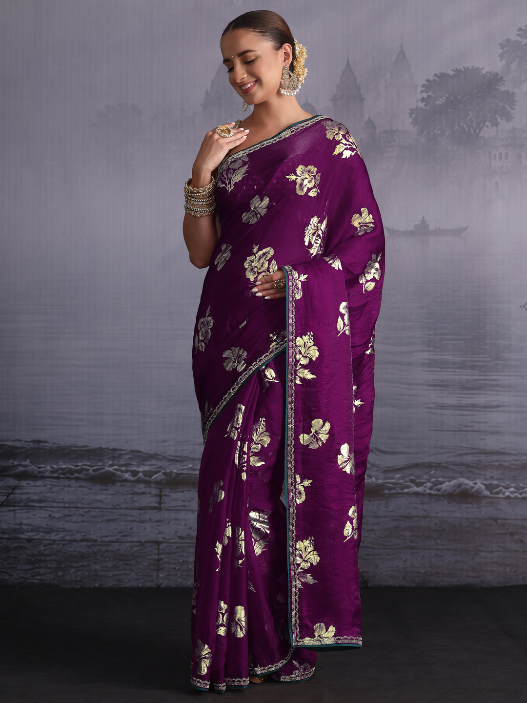 Libas Burgundy Floral Printed Tissue Saree with Embellished Border