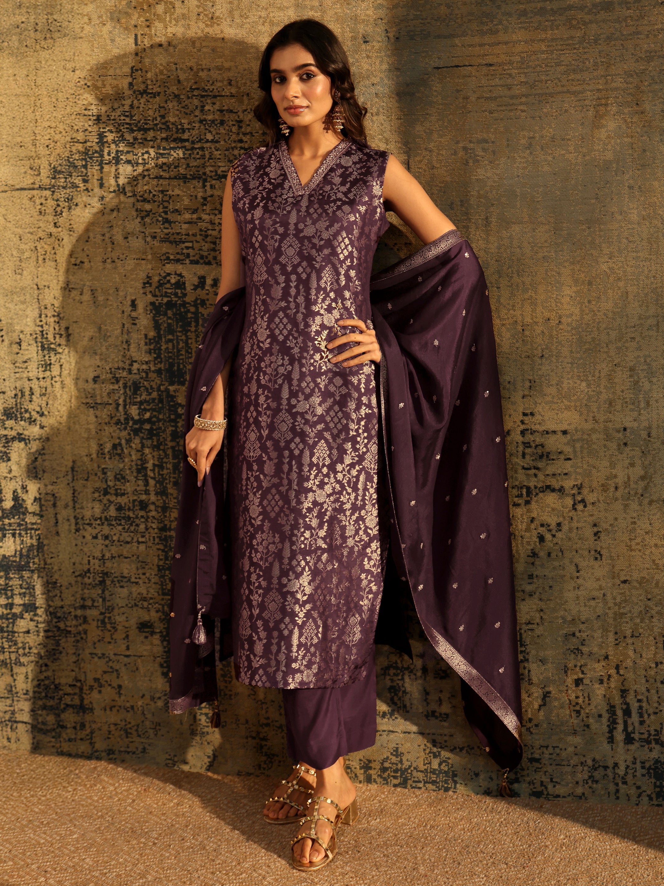 Libas Burgundy Floral Woven Design Silk blend Straight Suit Set-picture-48