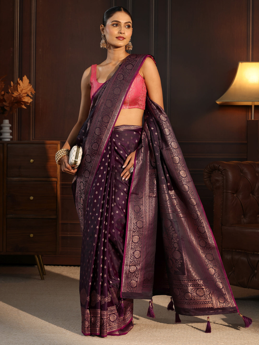 Libas Burgundy Woven Design Satin Tassel Saree