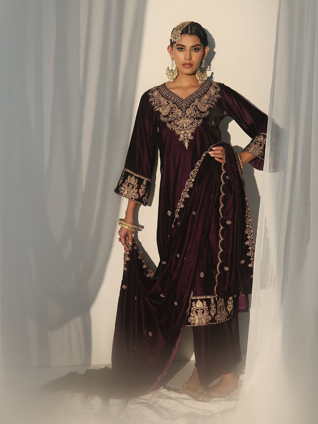  Libas Burgundy Yoke Design Velvet Straight Suit Set 