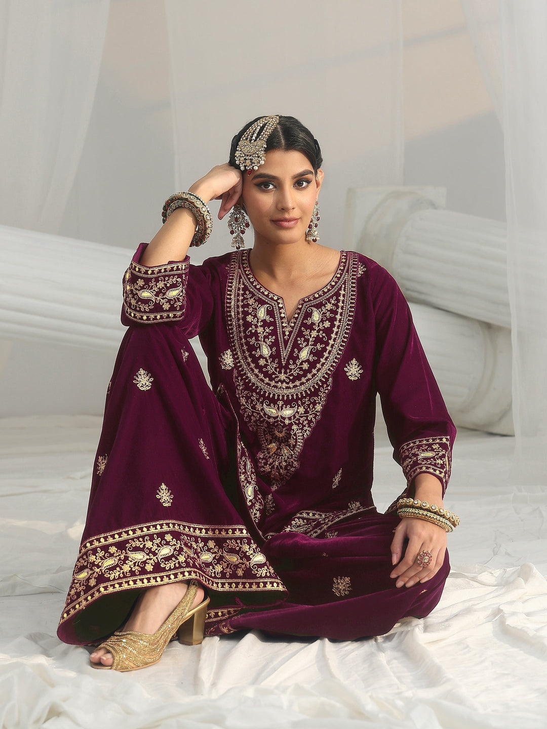  Libas Burgundy Yoke Embroidered Design Velvet Co-Ord Set 