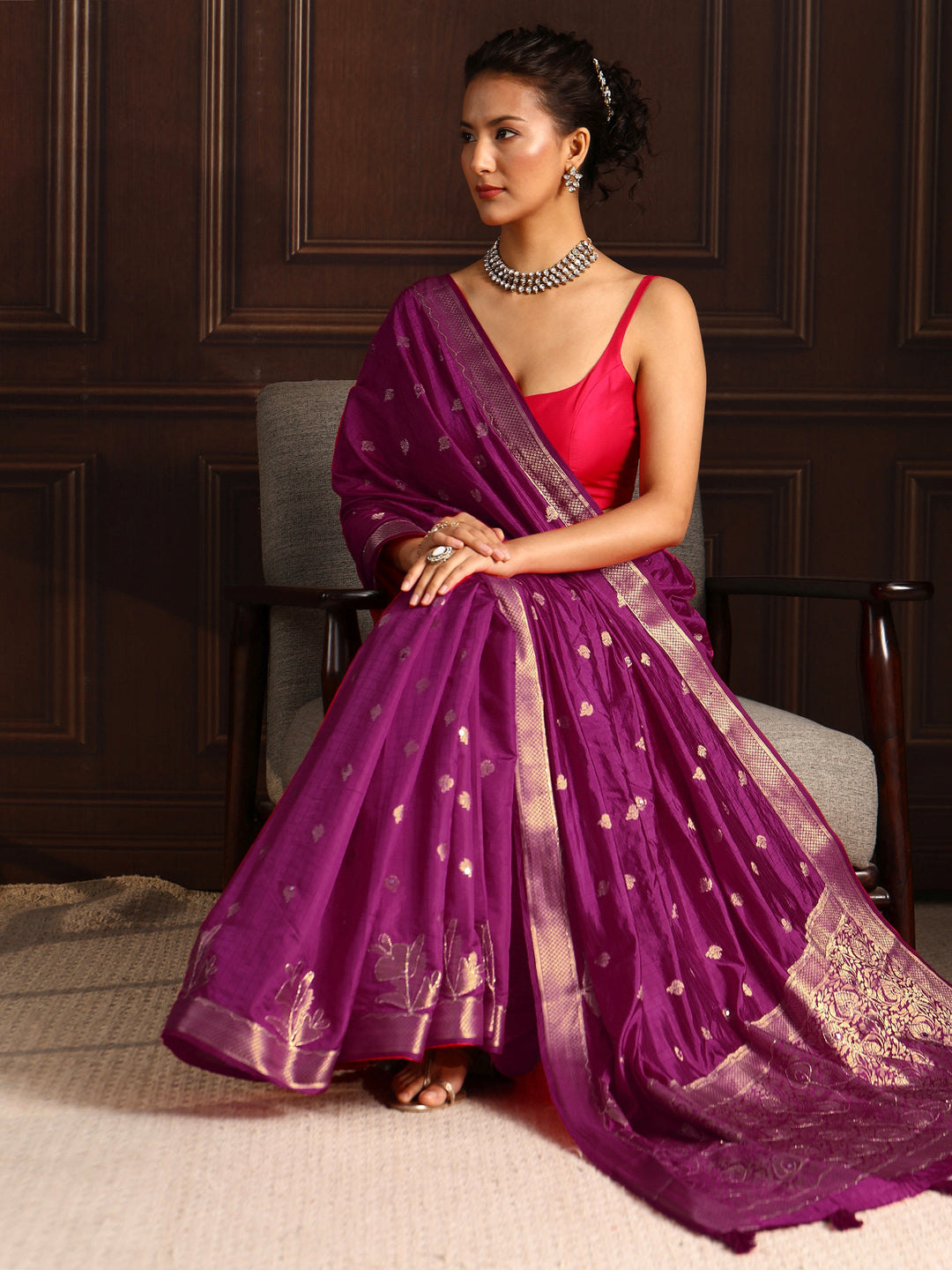 Libas Burgundy Zari Woven Floral Design Silk Blend Saree