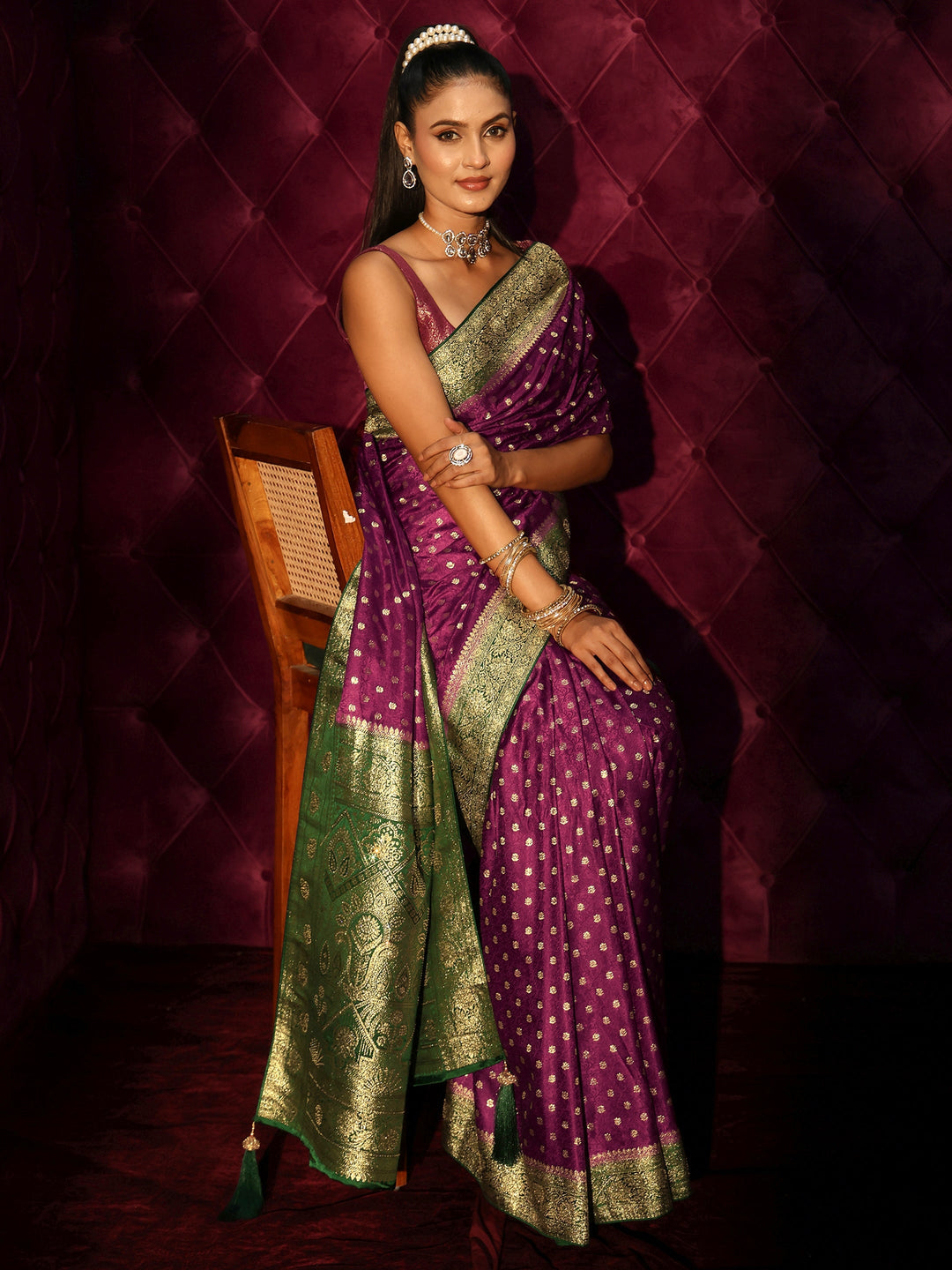  Libas Burgundy and Green Banarasi Silk Blend Saree 