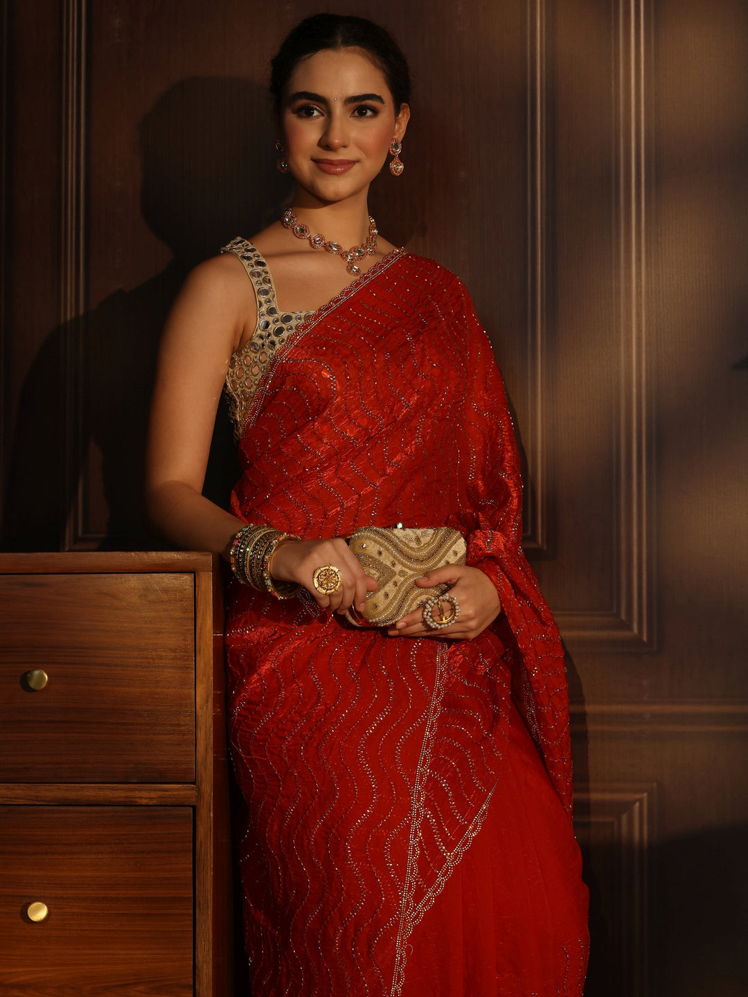Libas Burnt Orange Embellished Tissue Saree