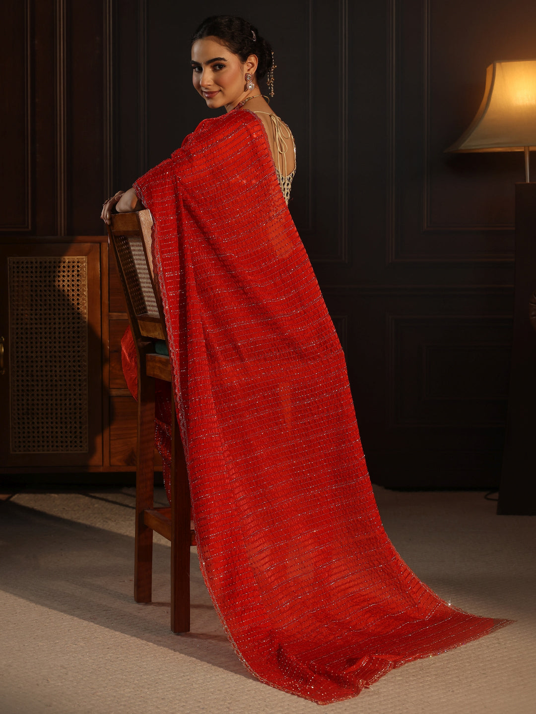 Libas Burnt Orange Embellished Tissue Saree