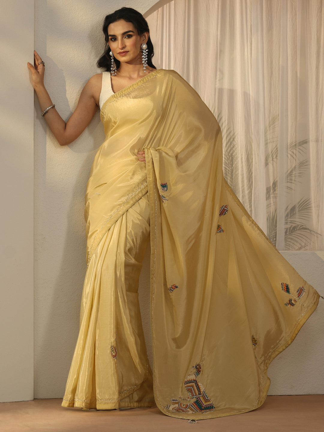  Libas Butter Yellow Embellished Satin Saree with Applique Design 
