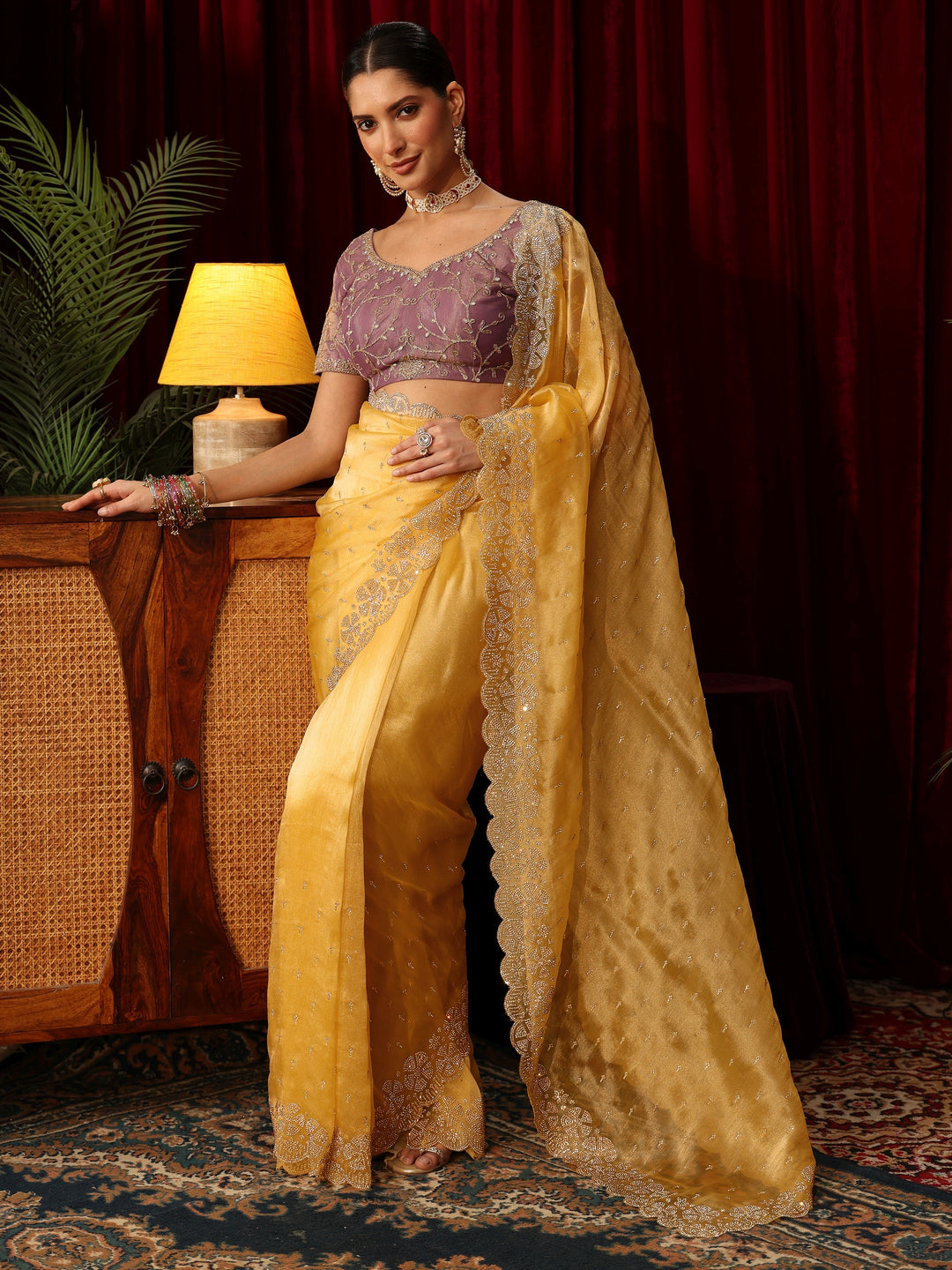  Libas Butter Yellow Embellished Tissue Saree with Scalloped Border 