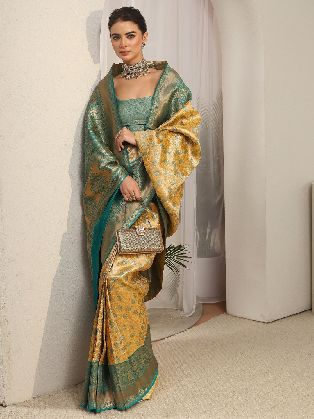 Libas Butter Yellow Floral Design Silk Blend Saree