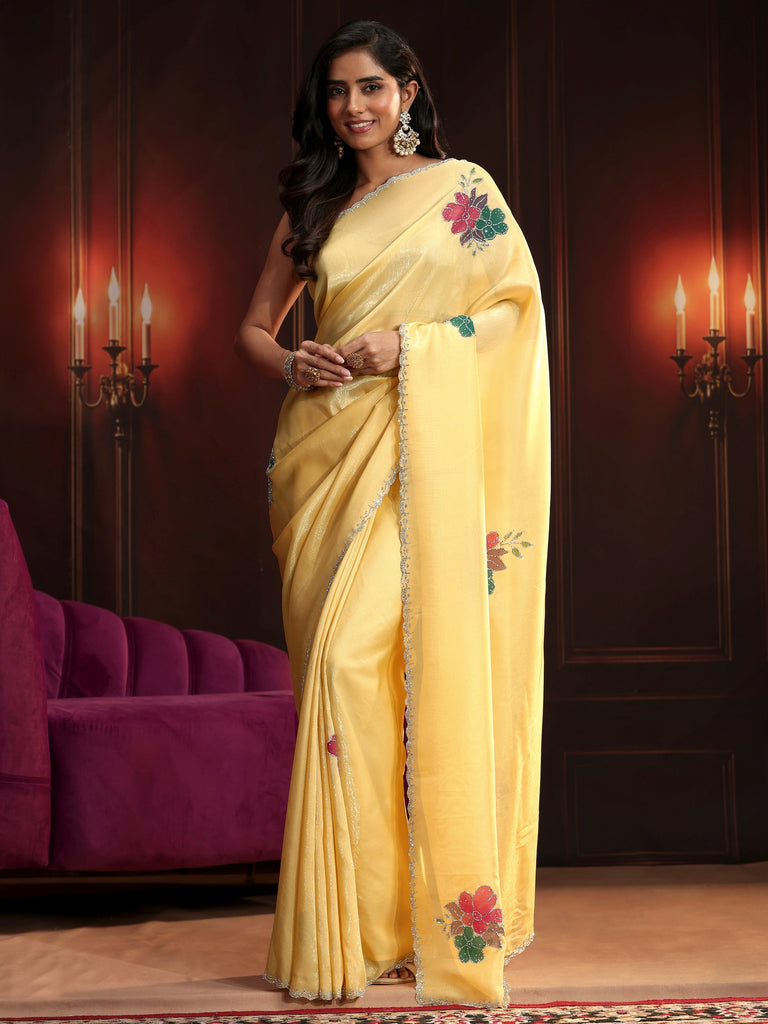 Libas Butter Yellow Floral Embellished Tissue Saree