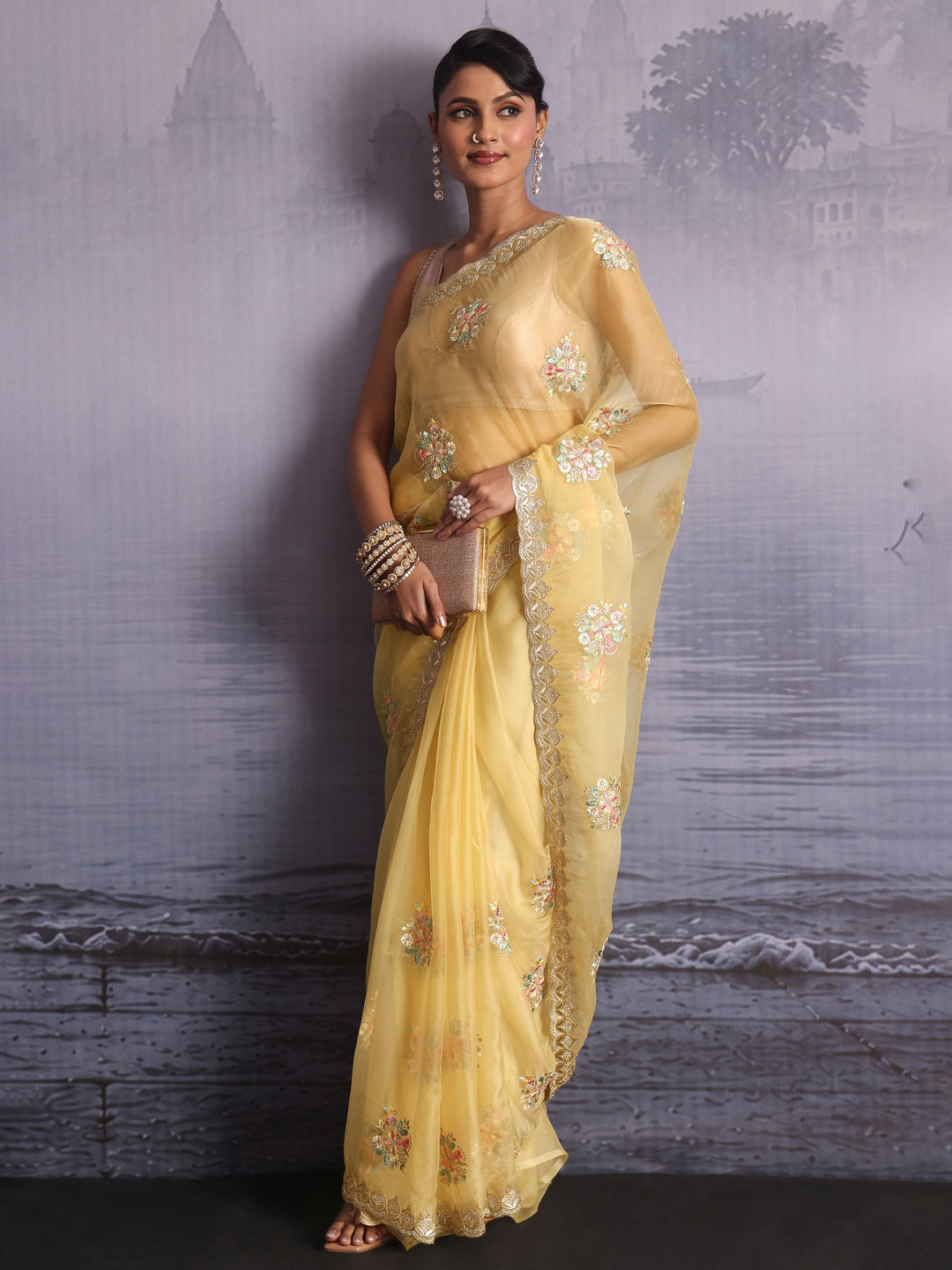  Libas Butter Yellow Floral Embroidered Organza Saree with Stone Work 
