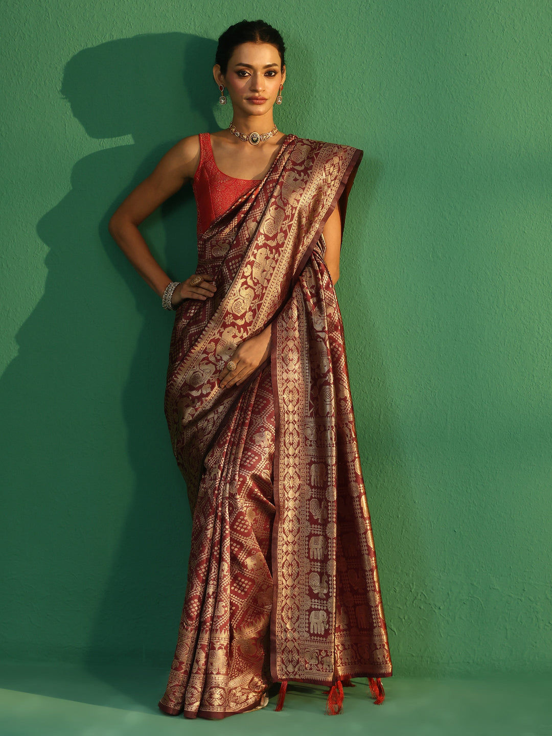  Libas Cardinal Red Brocade Saree with Elephant Motifs 