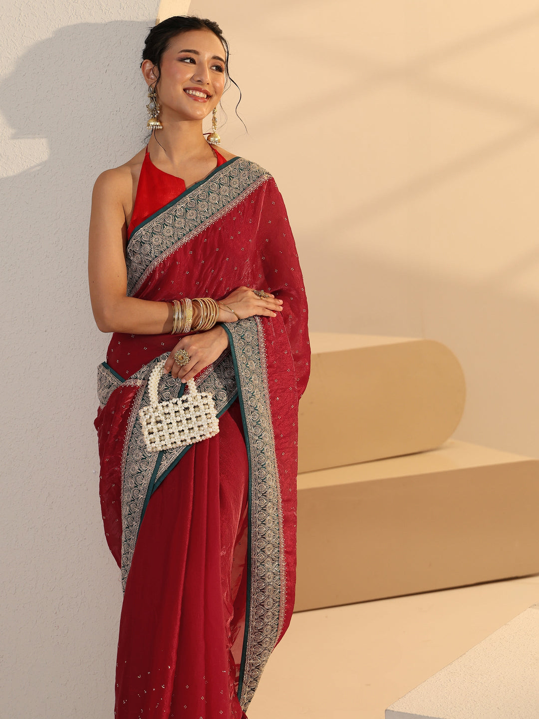  Libas Cardinal Red Stone Work Embellished Tissue Saree 