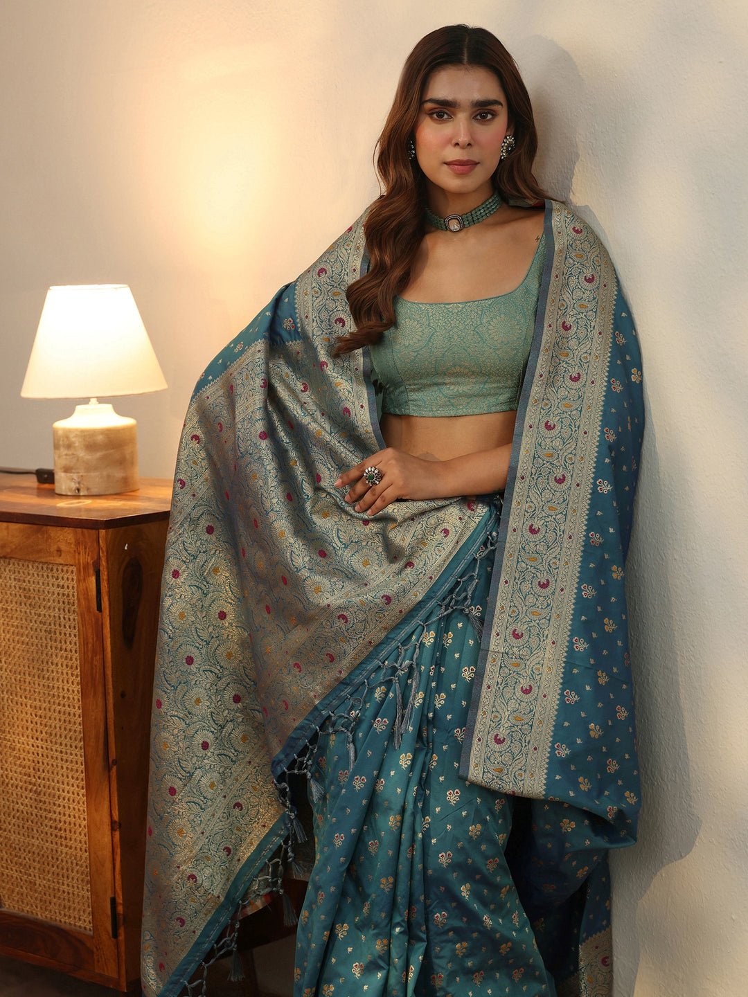  Libas Cerulean Blue Banarasi Silk Blend Saree 