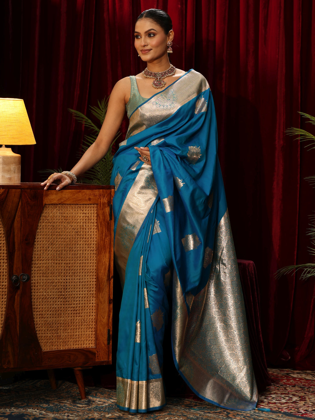 Libas Cerulean Blue Peacock Woven Design Silk Blend Saree