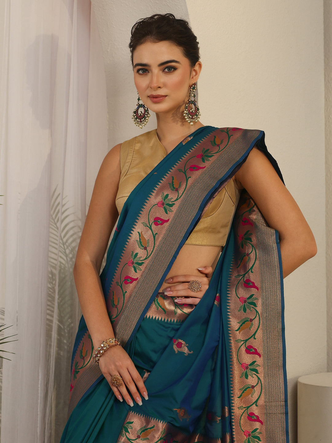 Libas Cerulean Blue Woven Design Silk Blend Saree