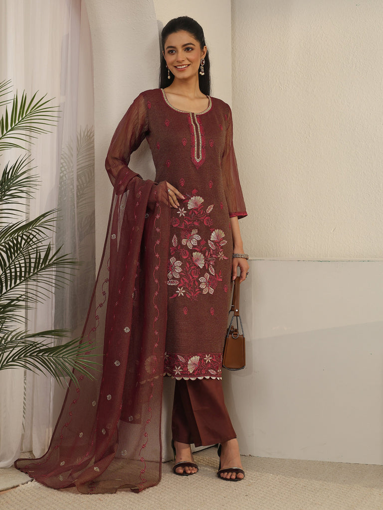 Libas Chocolate Brown Floral Embroidered Tissue Straight Suit Set