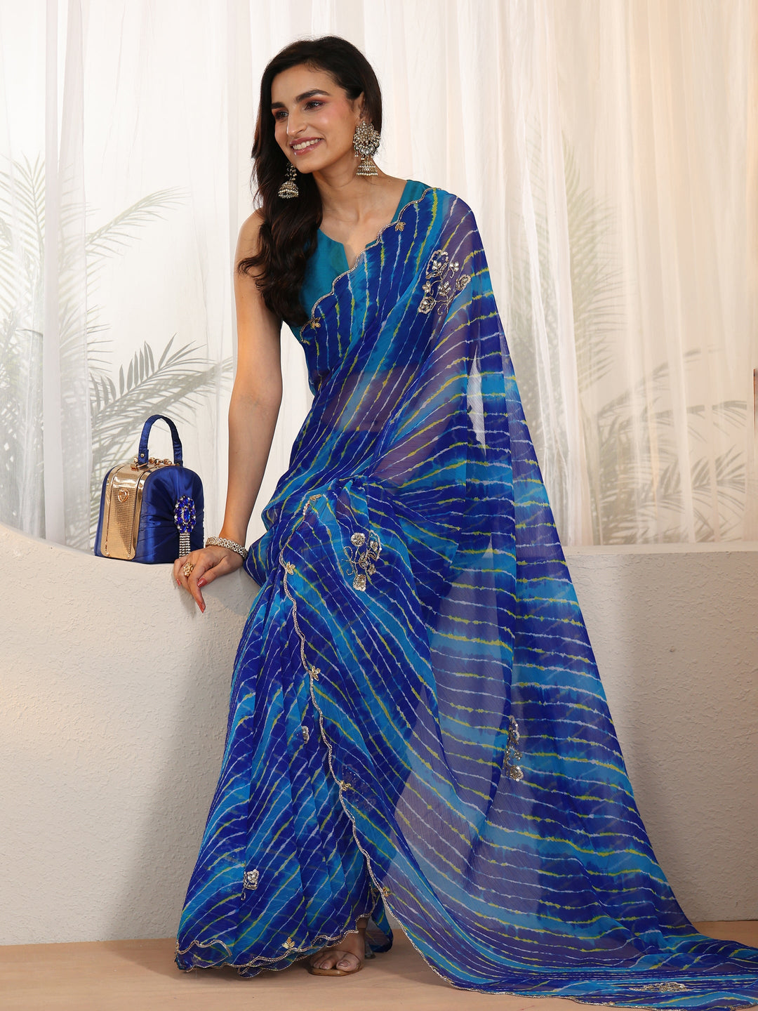  Libas Cobalt Blue Leheriya Printed Chiffon Saree 