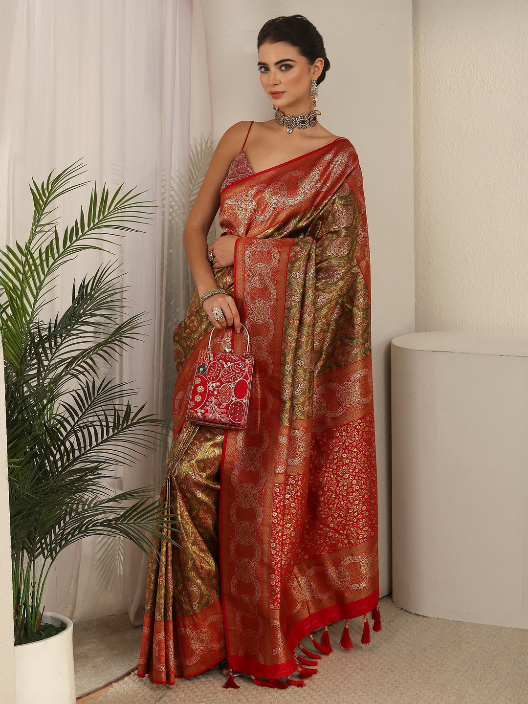 Libas Copper and Green Woven Design Silk Blend Saree