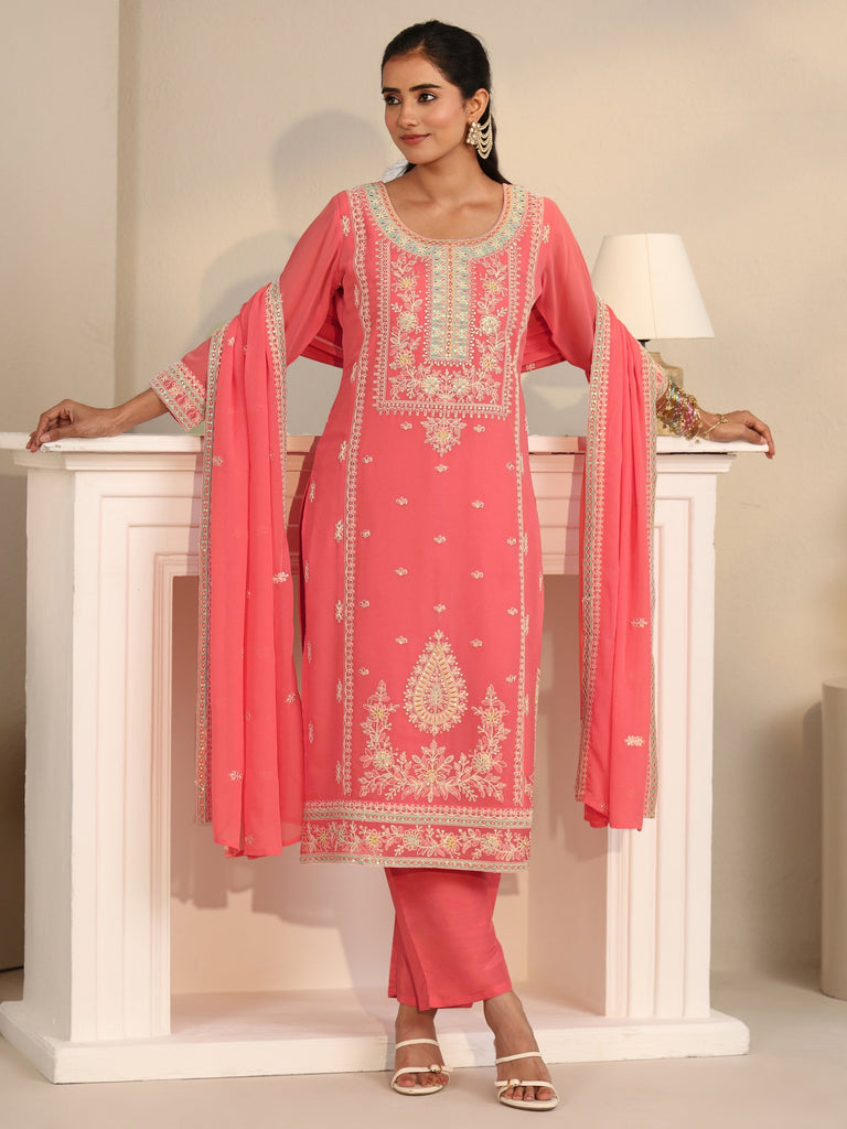 Libas Coral Floral Embroidered Georgette Straight Suit Set