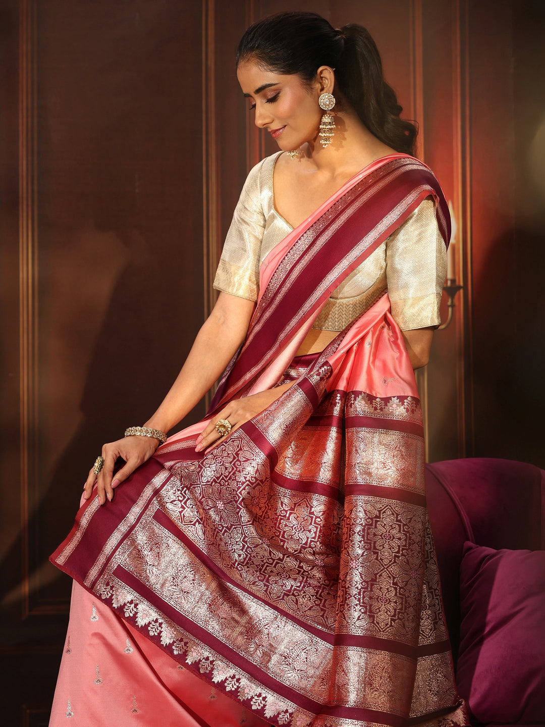  Libas Coral Pink Kanjeevaram Silk Blend Saree 