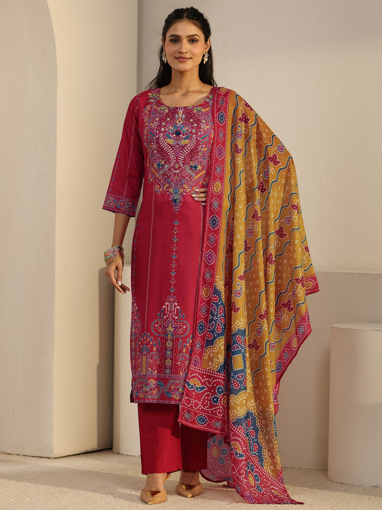 Libas Coral Pink Printed Cotton Straight Suit Set
