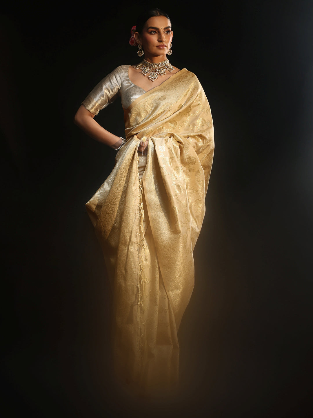  Libas Cream Banarasi Silk Blend Saree 
