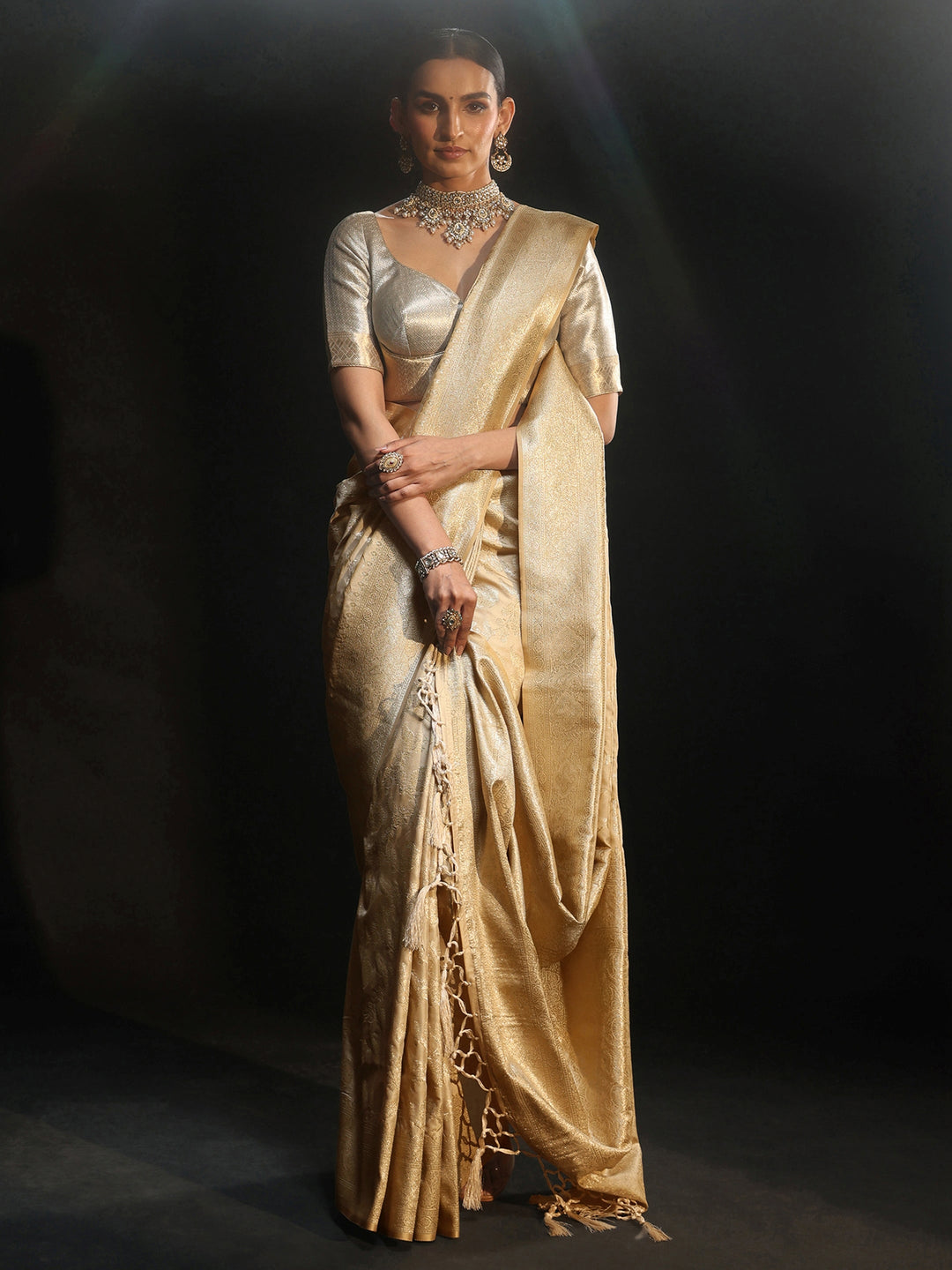  Libas Cream Banarasi Silk Blend Saree 