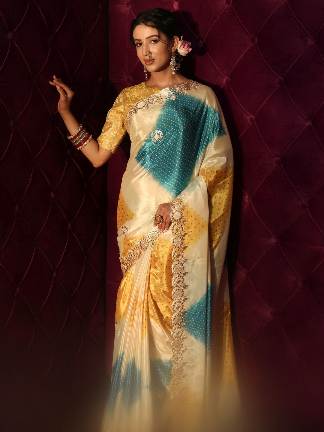 Libas Cream Bandhani Printed Satin Saree