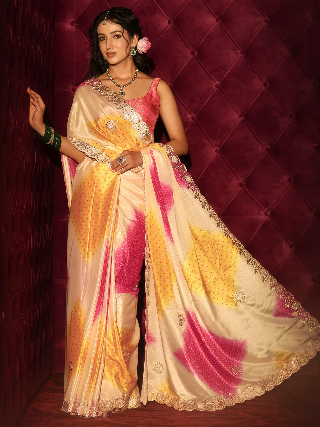 Libas Cream Bandhani Printed Satin Saree