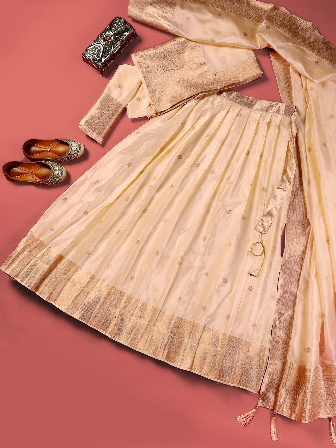 Libas Cream Brocade Semi-Stitched Lehenga Choli
