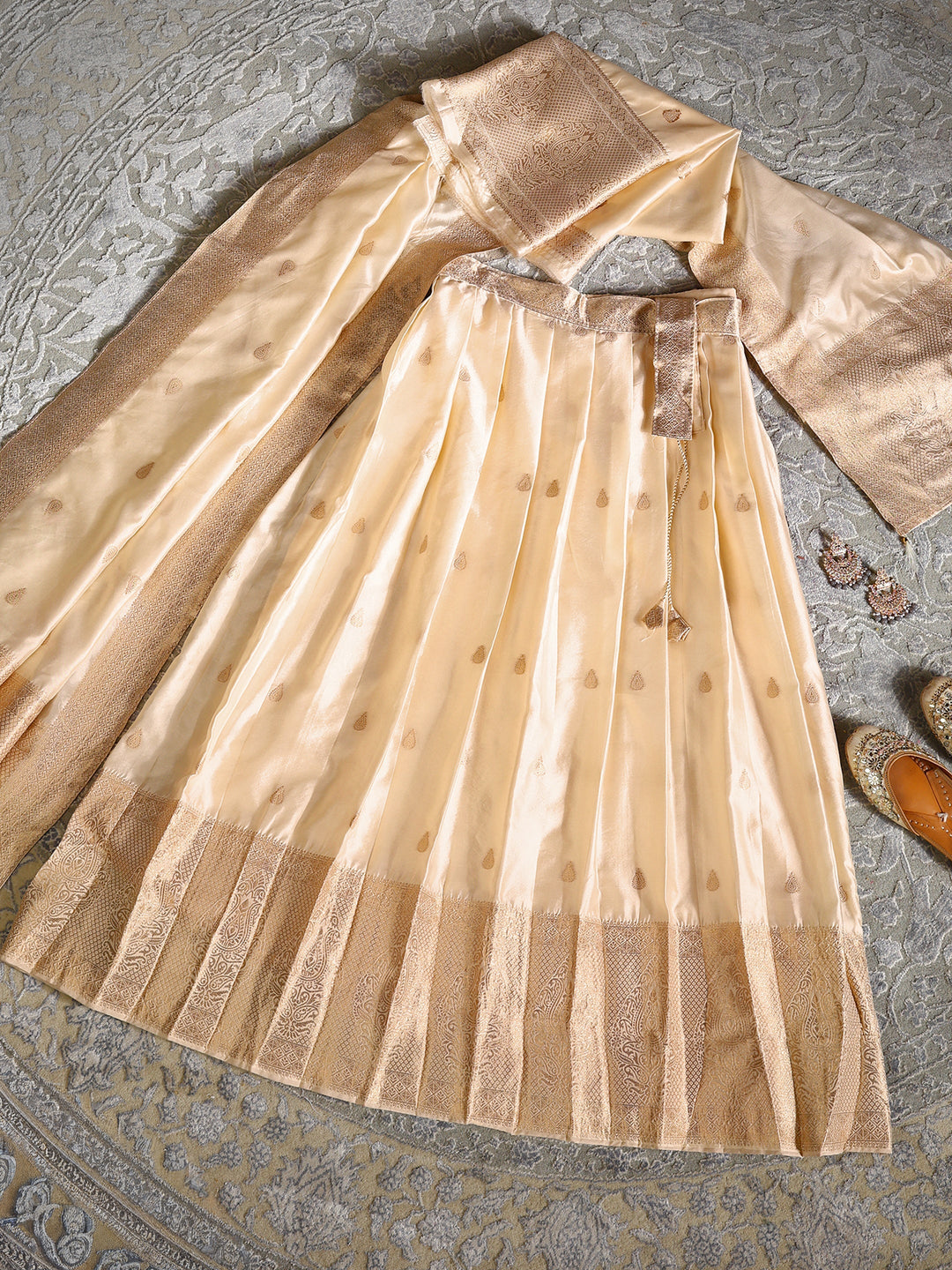 Libas Cream Brocade Semi-Stitched Lehenga Choli