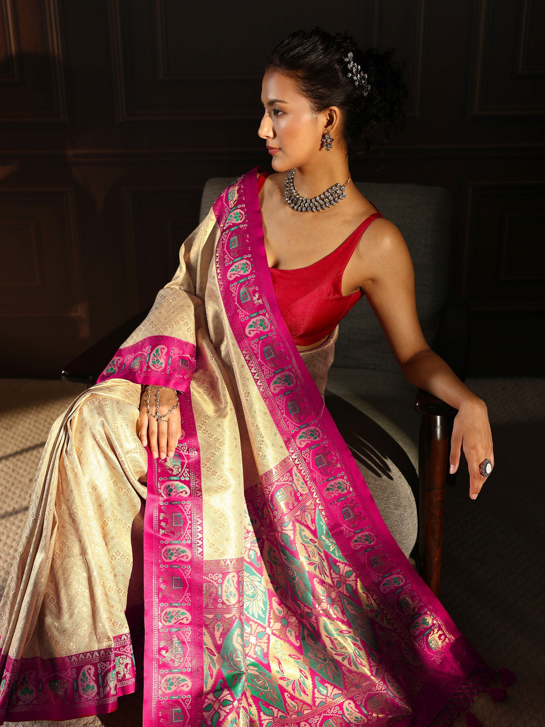  Libas Cream Chevron Woven Design Silk Blend Tassel Saree 