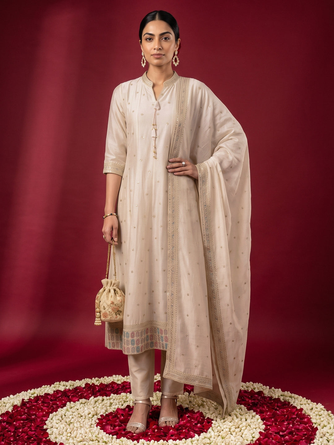  Libas Cream Ethnic Embroidered Silk Blend Anarkali Suit Set 