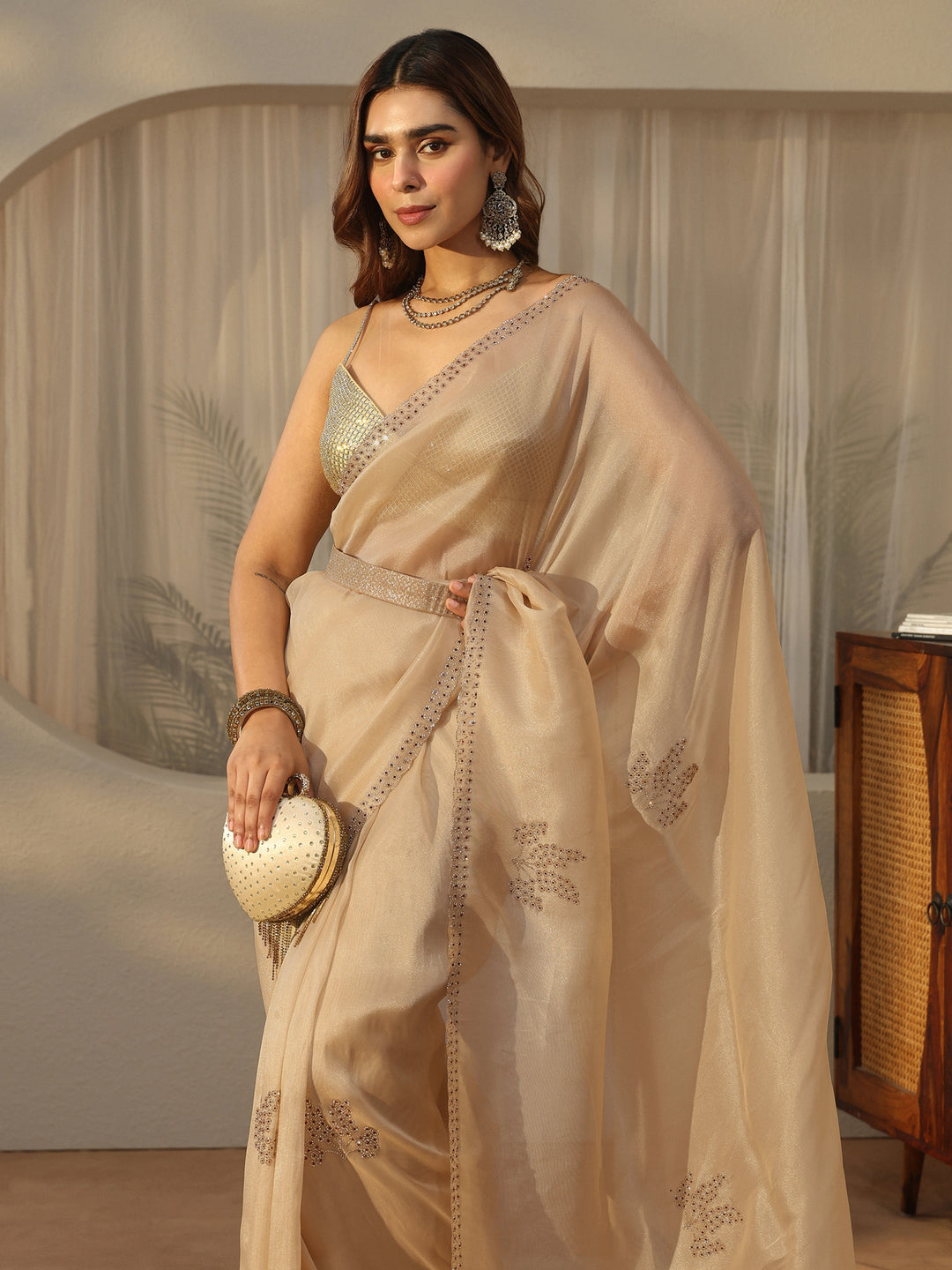  Libas Cream Floral Embellished Organza Saree 