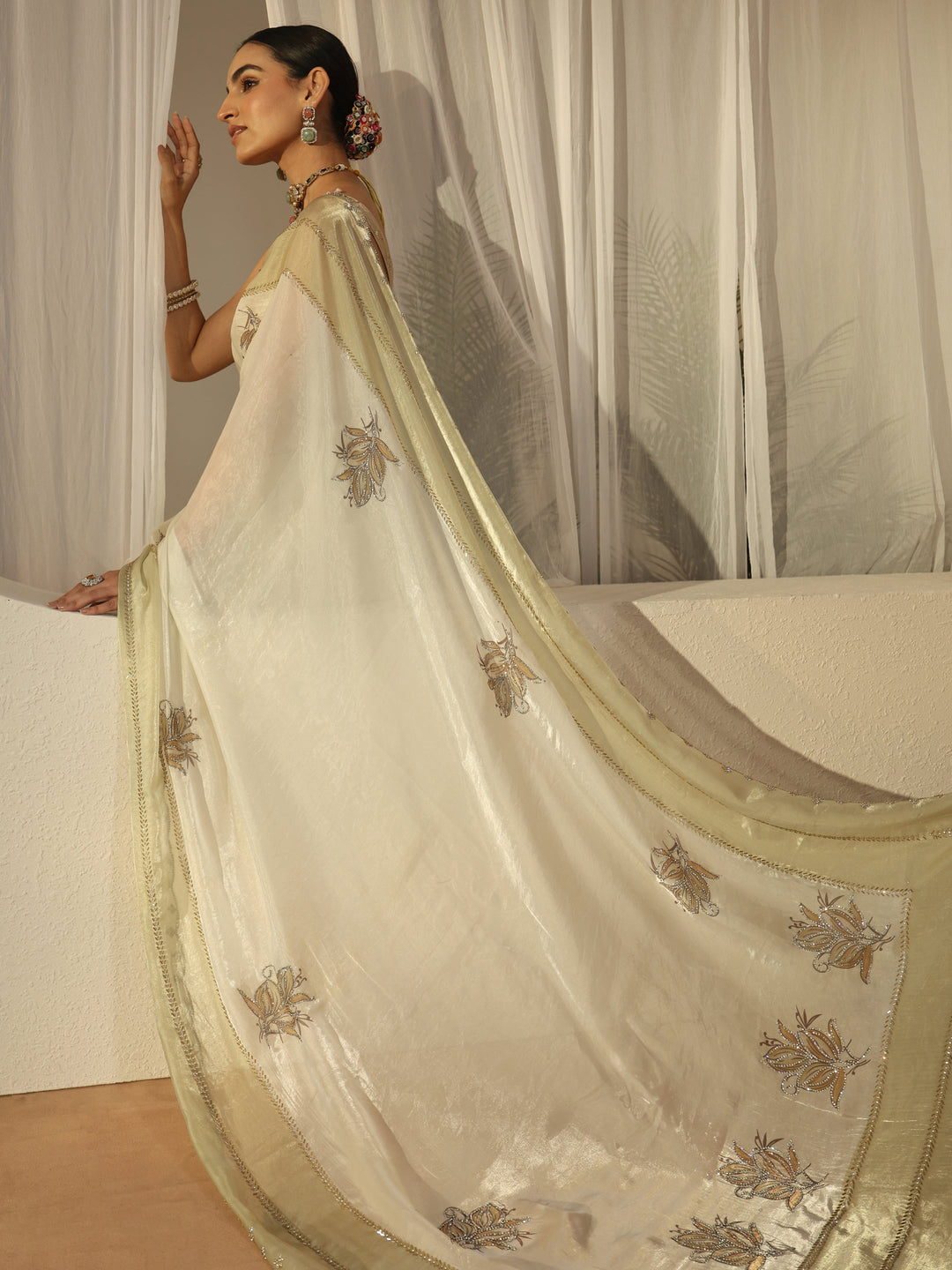  Libas Cream Floral Embellished Tissue Saree 