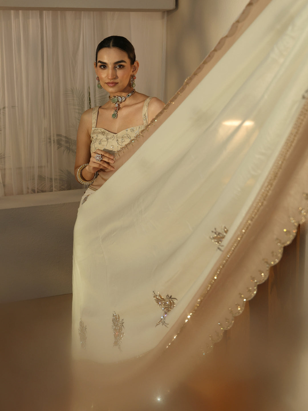  Libas Cream Floral Embellished Tissue Saree 
