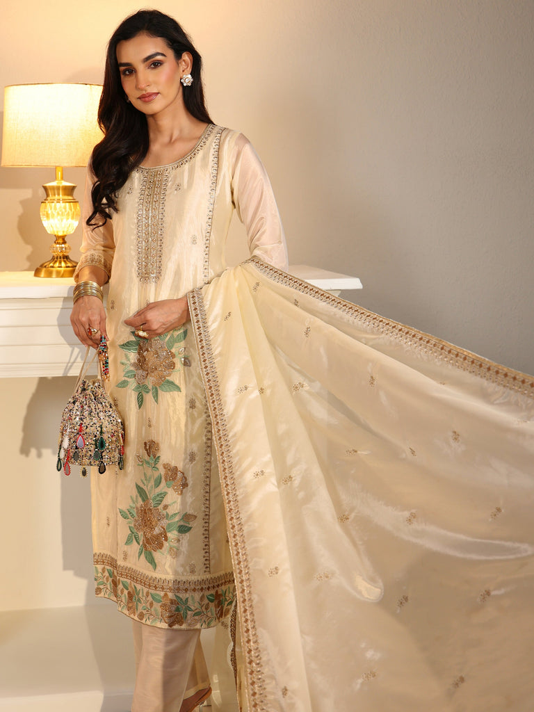 Libas Cream Floral Embroiderd Organza Straight Suit Set