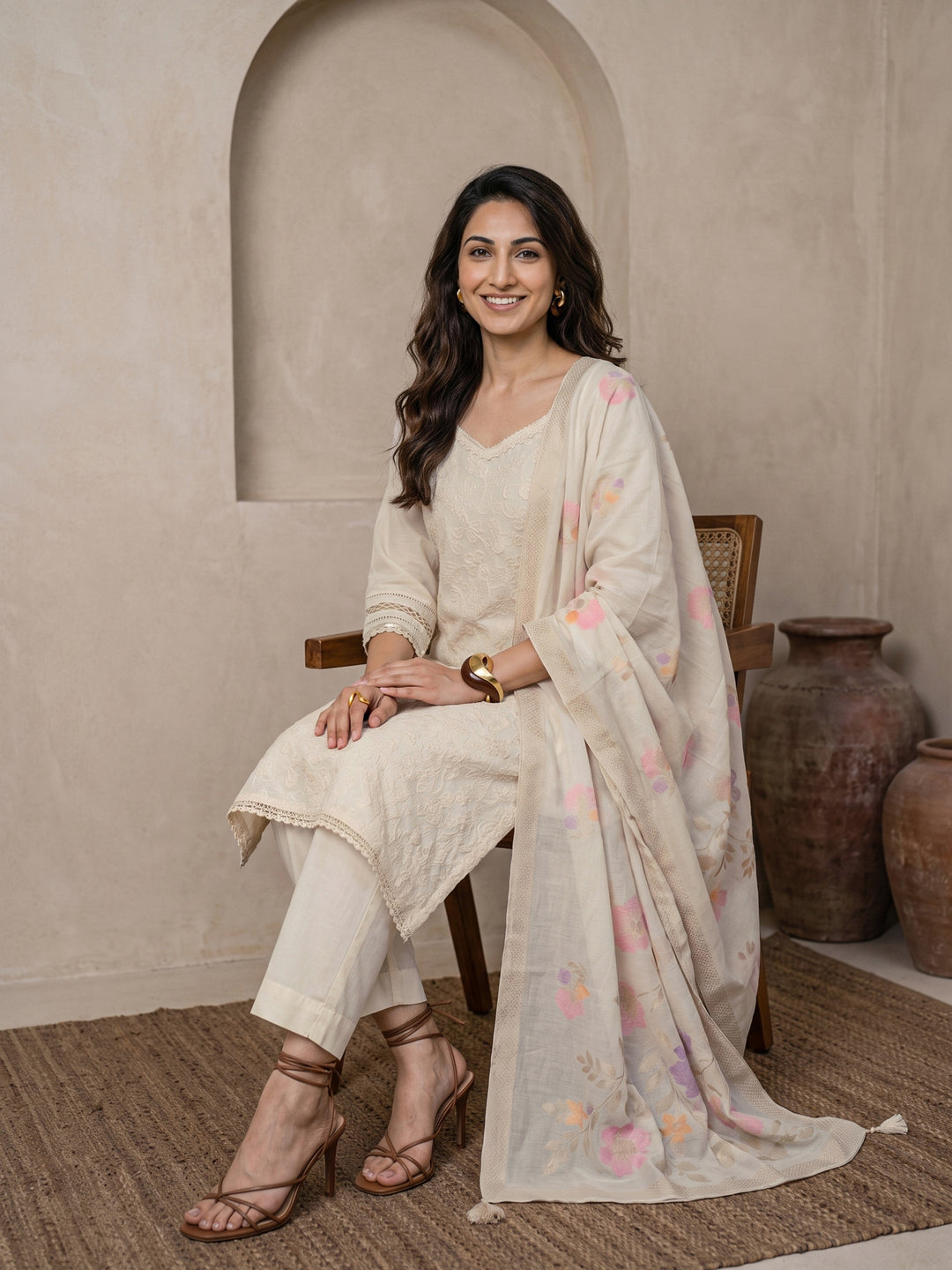 Libas Cream Floral Embroidered Cotton Straight Suit Set